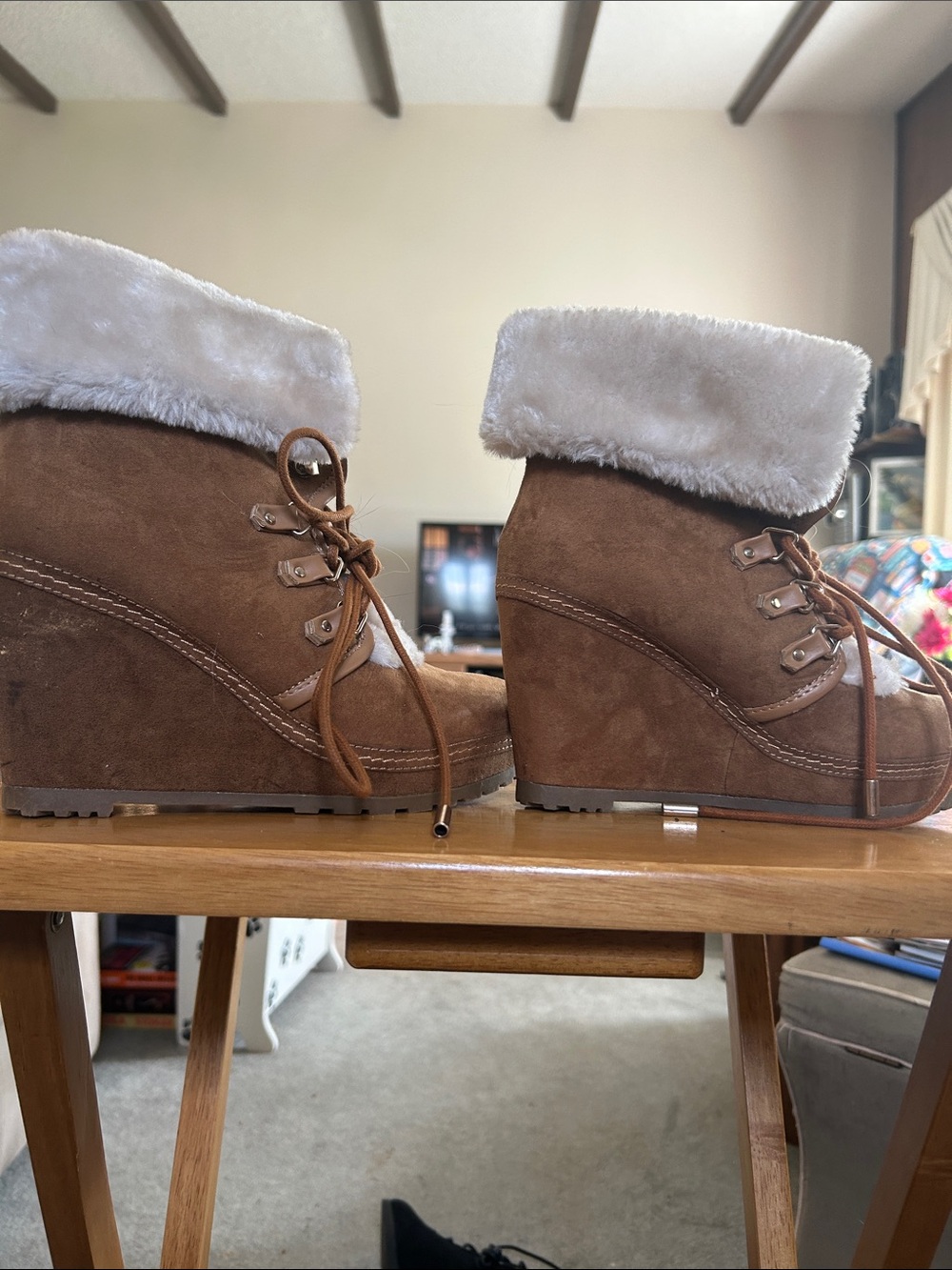 Unionbay Wedge Ankle Boots with Faux Fur Cuff - Brown